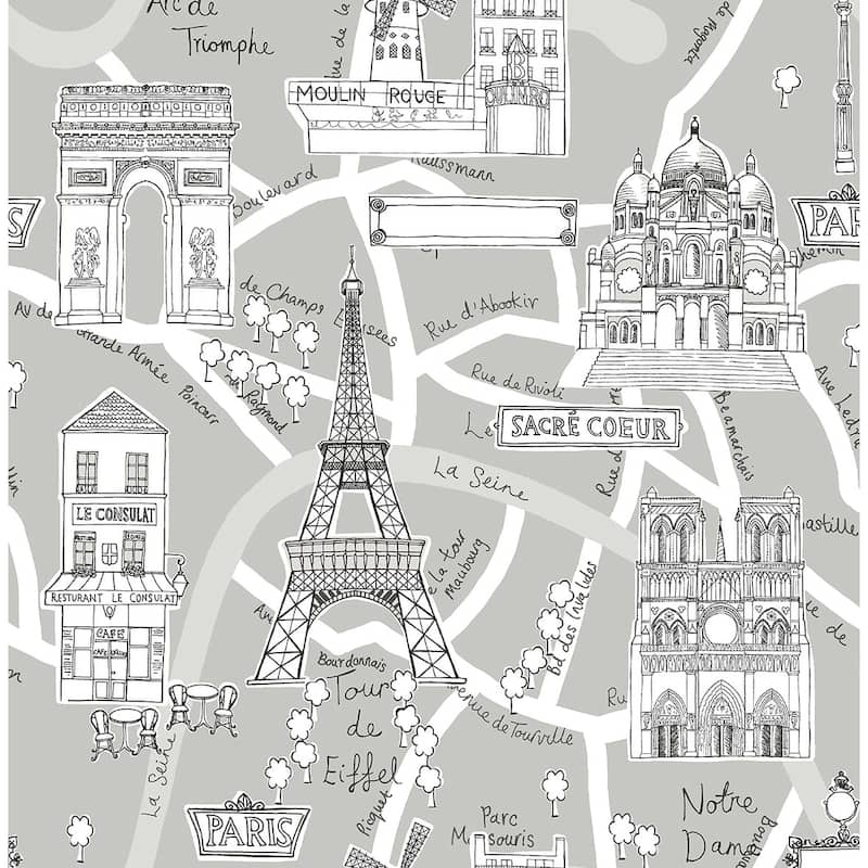 NextWall Paris Scene Peel and Stick Wallpaper - 20.5 in. W x 18 ft. L - Argos Grey