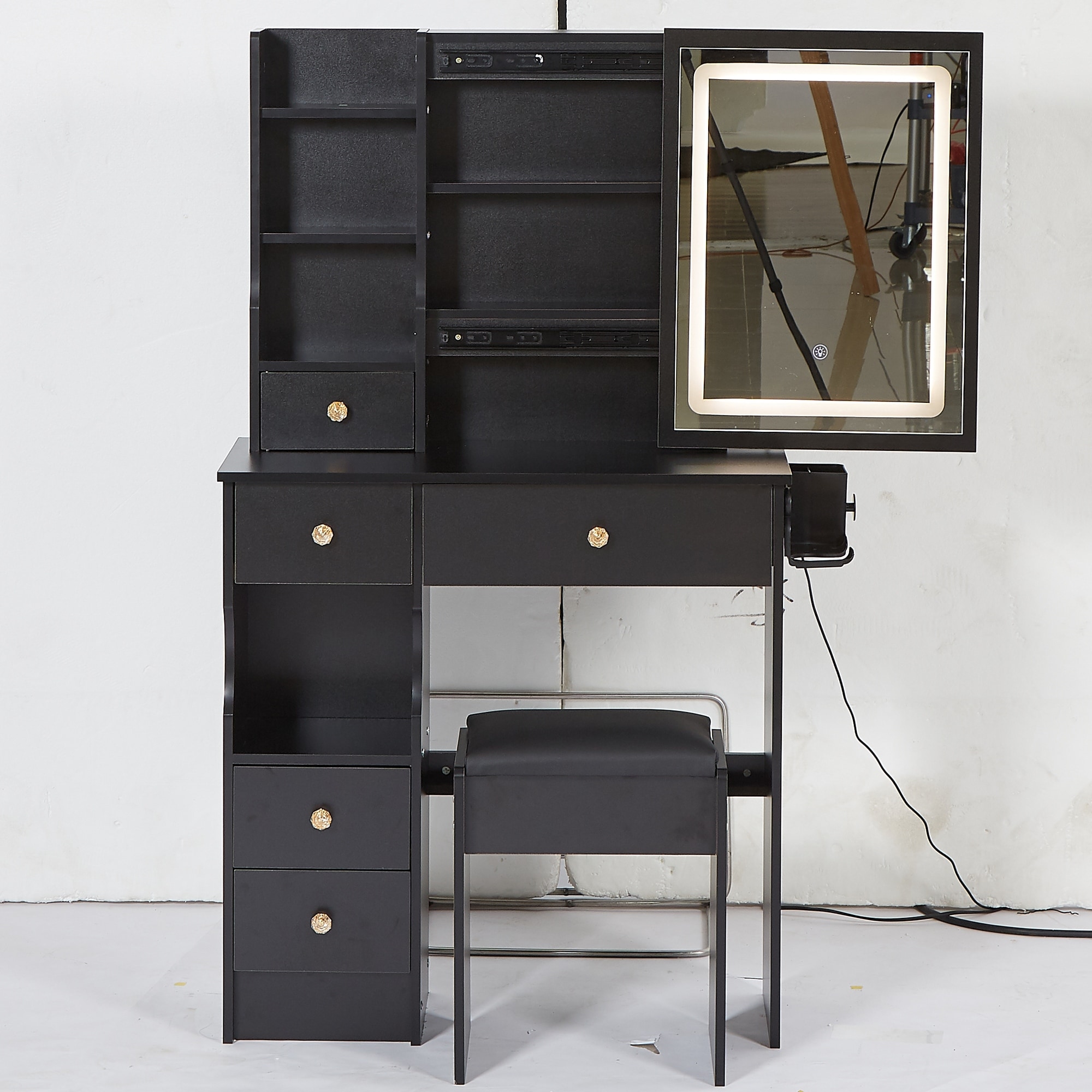 29.2" Small Size Left Drawer Desktop Vanity Table + Cushioned Stool, 2 AC+2 USB Power Station, Hair dryer bracket