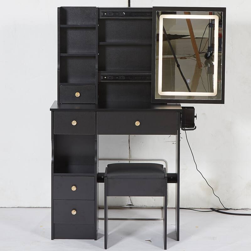 29.2" Small Size Left Drawer Desktop Vanity Table + Cushioned Stool, 2 AC+2 USB Power Station, Hair dryer bracket - Black