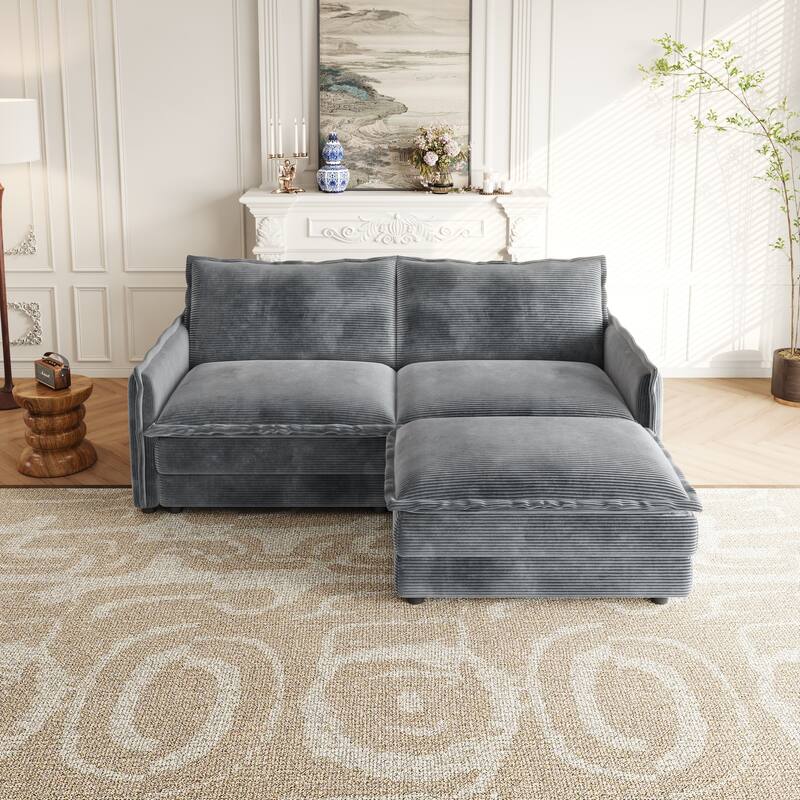 75" Corduroy Sectional Sofa with Ottoman, 2-Seater
