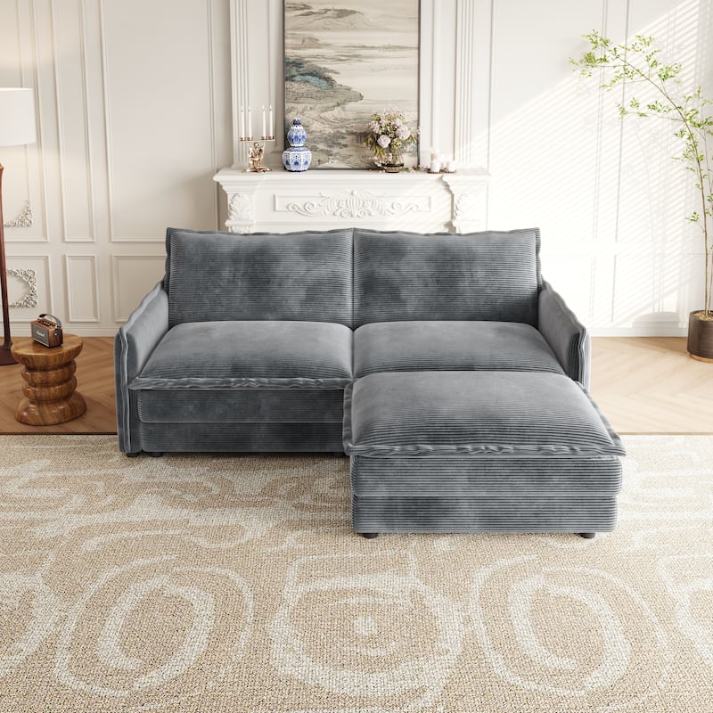 Deep Seating L-shaped Sectional Sofa with Chaise Lounge Modular Sofa Corduroy Upholstered Loveseat with Ottoman and Pillows