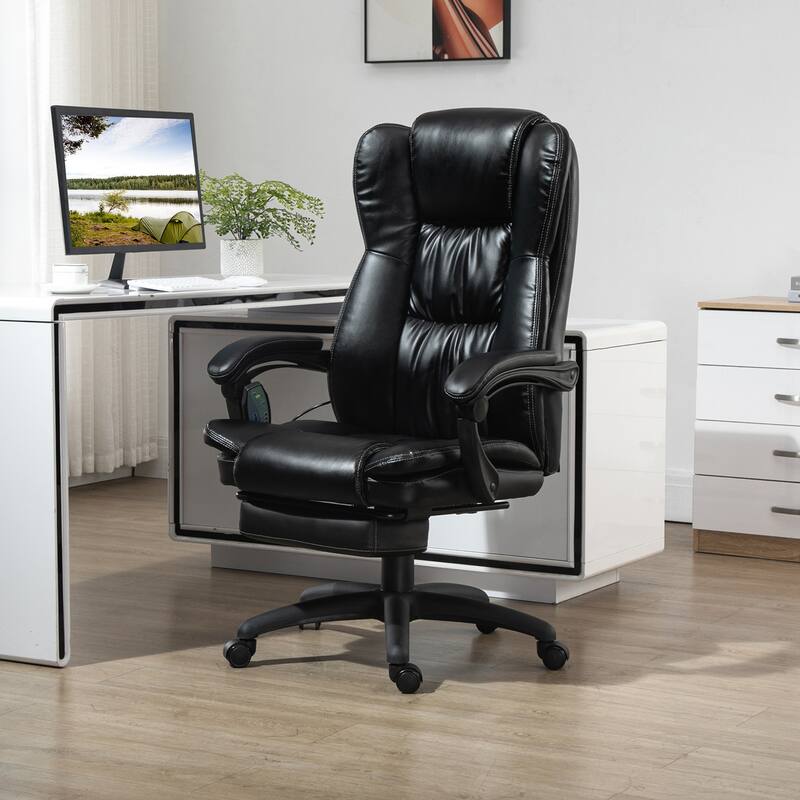PU Leather Swivel High Back Massage Office Recliner Chair with 6-Point Vibration, Reclining Back, Retractable Footrest