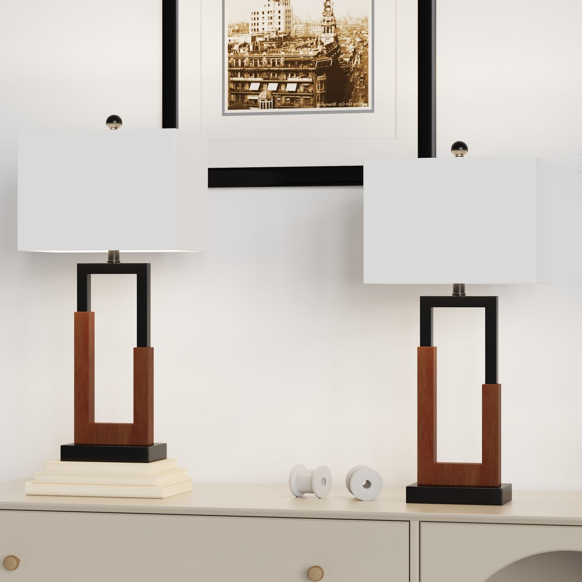 30" Wood/Black Table Lamp Set With USB (Set of 2)