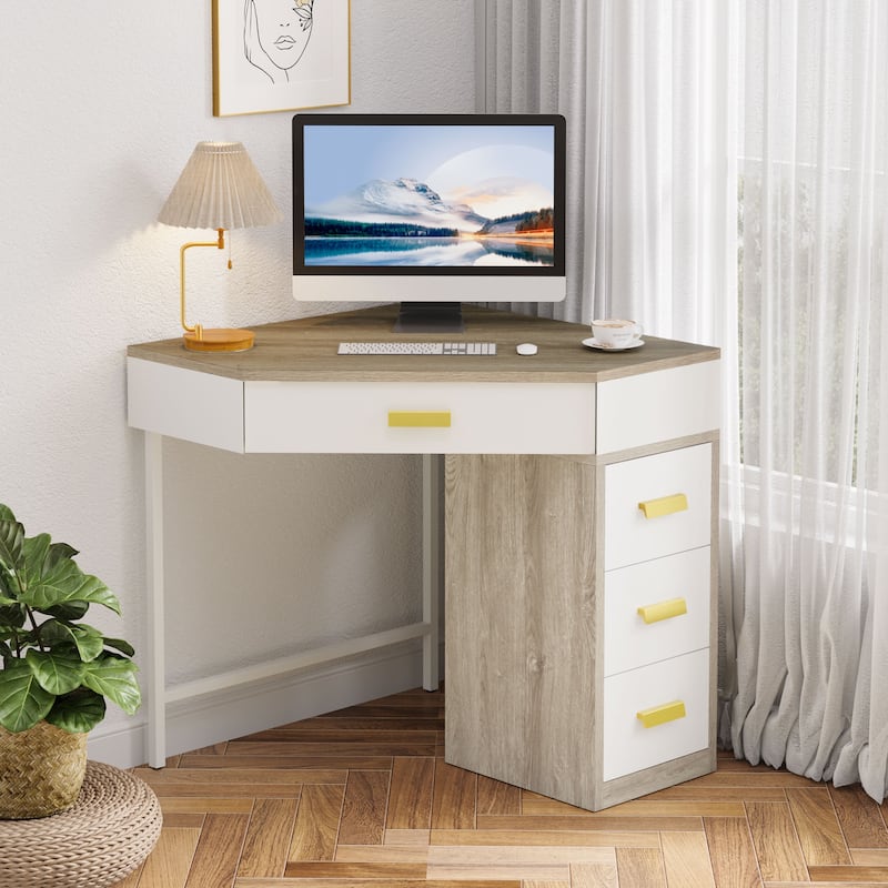 Triangle Computer Desk with 4 Drawers, 90 Degree Writing Desk PC Table Makeup Vanity Desk with Storage for Home Office - White Brown
