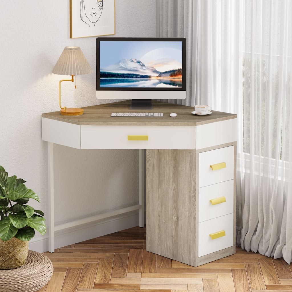Triangle Computer Desk with 4 Drawers, 90 Degree Writing Desk PC Table Makeup Vanity Desk with Storage for Home Office