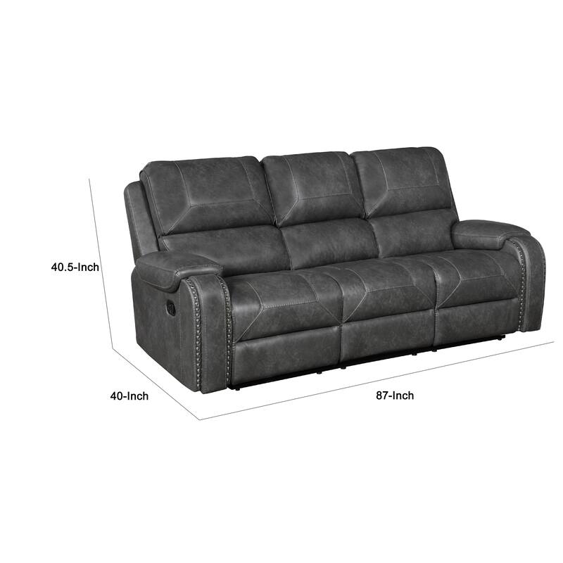Dean Reclining Sofa, Pillow Tufted Gray Faux Leather 87 Inch