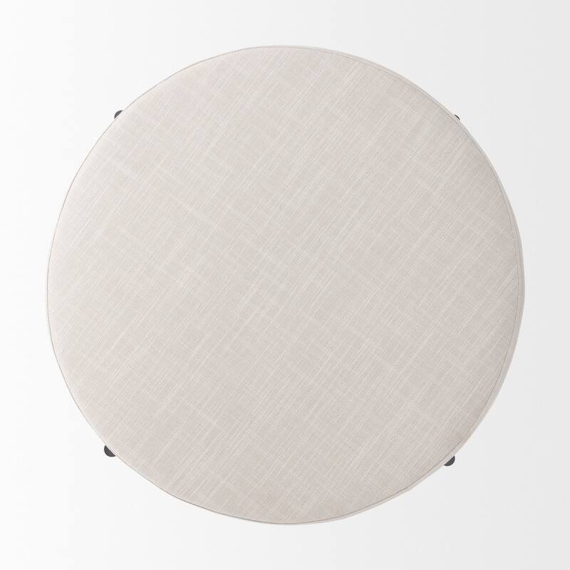 Colburne Cream Fabric with Light Brown Solid Wood Trim and Black Metal Legs Round Ottoman