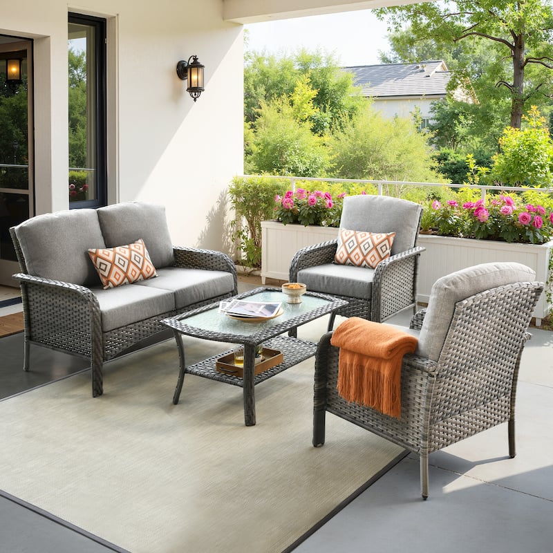 HOOOWOOO 4-piece Wicker Outdoor Conversation Set with Glass Coffee Table - Dark Grey