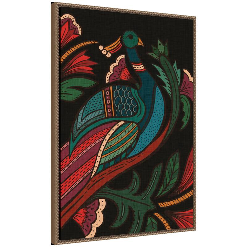 Kate and Laurel Sylvie Peacock Framed Canvas by Carey Copeland - 23x33 - Gold
