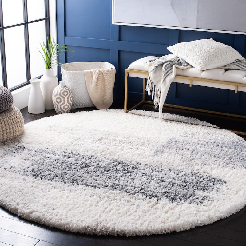 SAFAVIEH Fontana Shag Edilia Modern Abstract 2-inch Thick Rug - 6'7" Round - Ivory/Grey