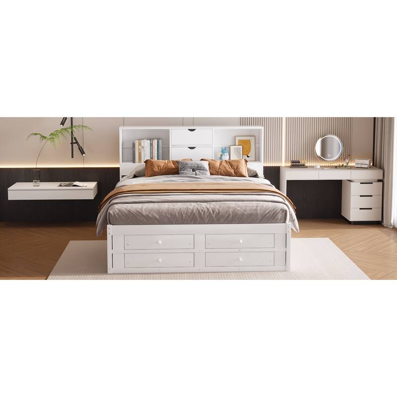 Roomfitters Queen/King Platform Bed with Storage Headboard and 8 Drawers, Solid Wood
