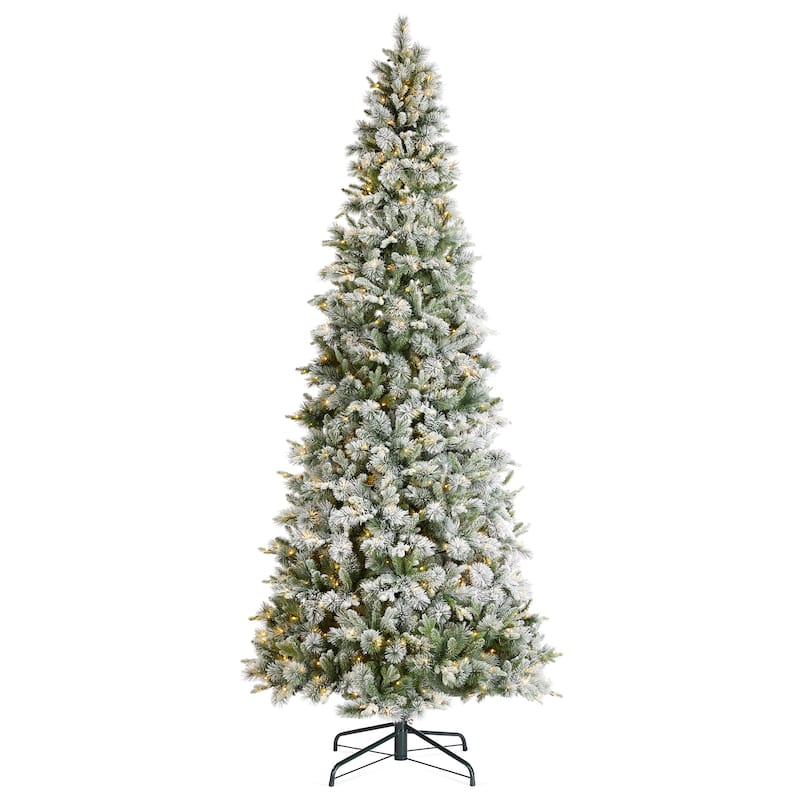 Glitzhome 11ft Pre-Lit Flocked Slim Pine Artificial Christmas Tree with 850 Lights and Foot Pedal