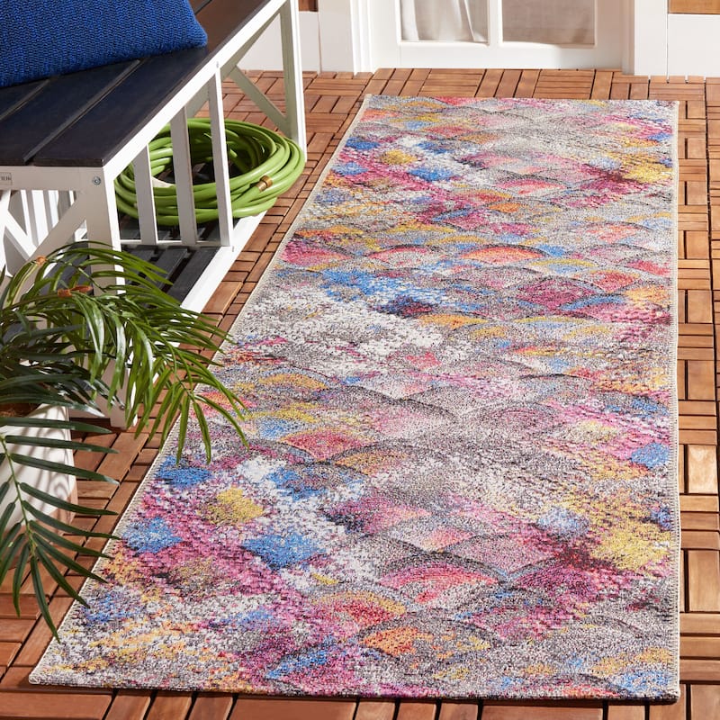 SAFAVIEH Barbados Germana Modern Waterproof Patio Backyard Rug - 2'8" x 8' Runner - Grey Purple/Blue Gold