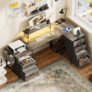 71'' L-Shaped Desk with File Drawers, Reversible Computer Desk with Power Outlets and Smart LED Lights