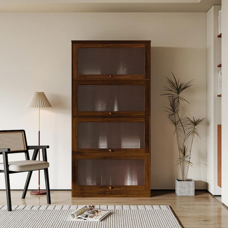 GDF Studio - Maise Contemporary Floor-to-Ceiling Bookcase with Glass Doors and Enclosed Storage Shelves - 61.81" - Walnut