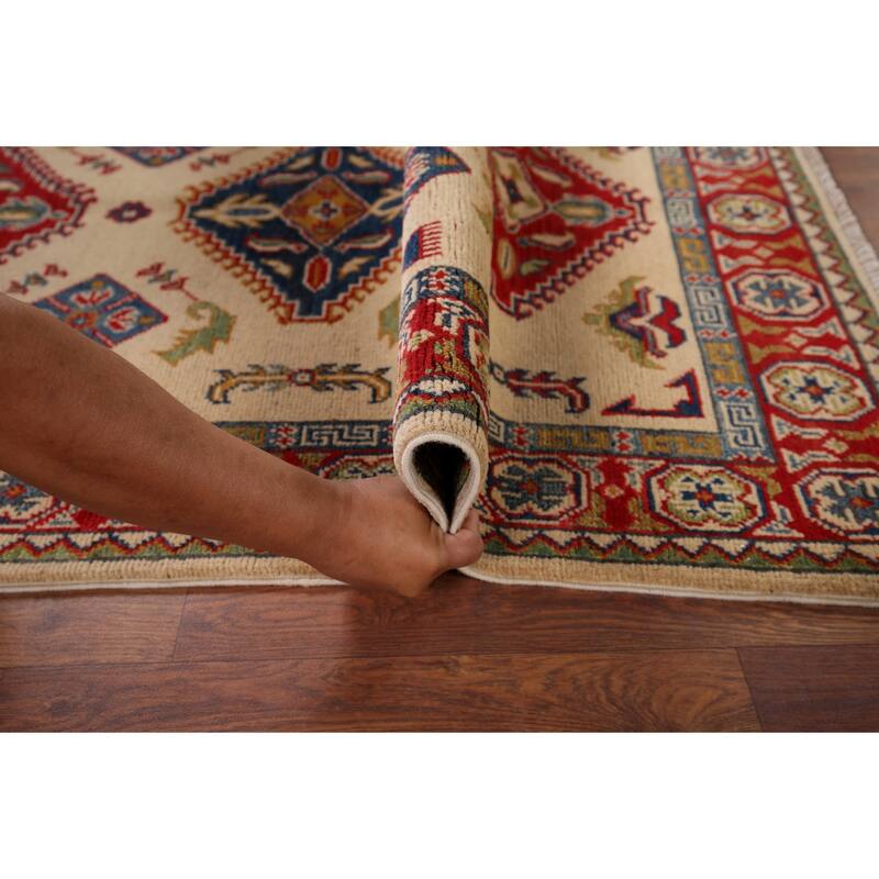 Geometric Kazak Accent Rug Hand-Knotted Beige Wool Carpet - 3'3" x 5'1"