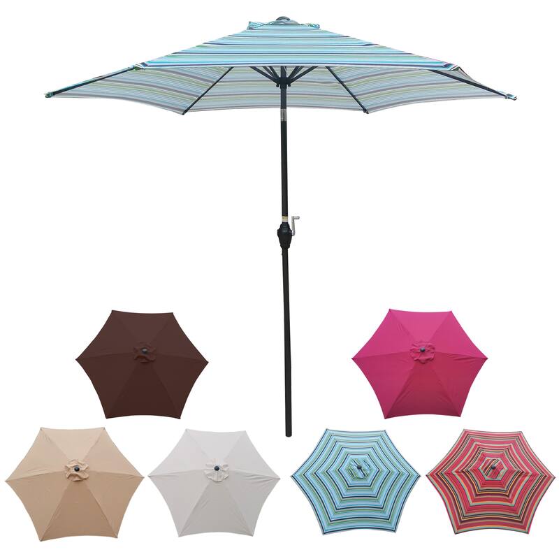 9ft Patio Umbrella Market Round Umbrella Outdoor Garden Umbrellas with Crank and Push Button Tilt for Garden Backyard Pool - Blue striped