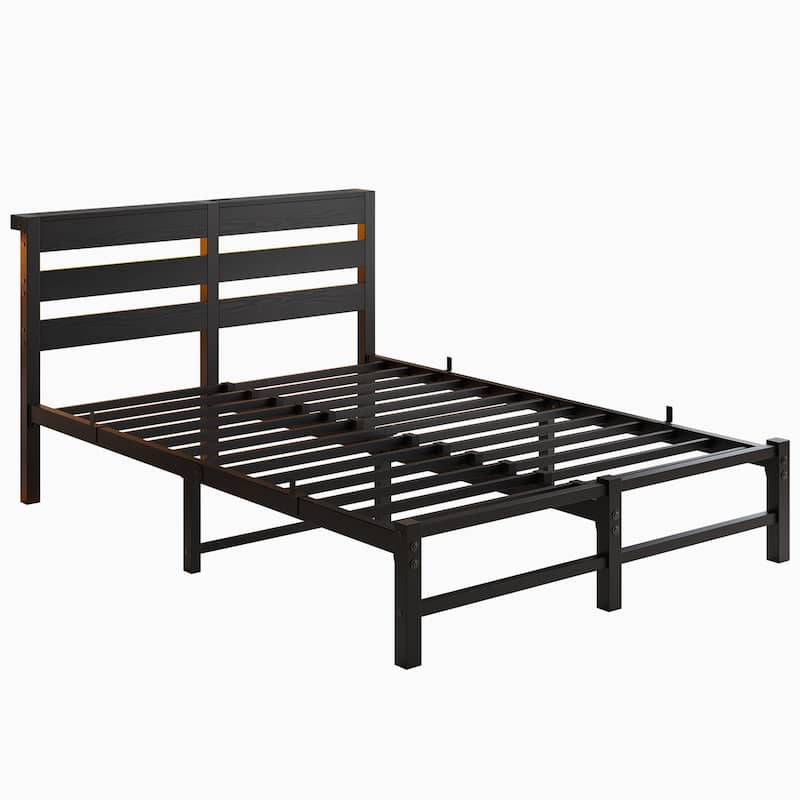 Full Size Modern Metal Bed with Wooden Headboard, RGB Lights, and Storage Shelf