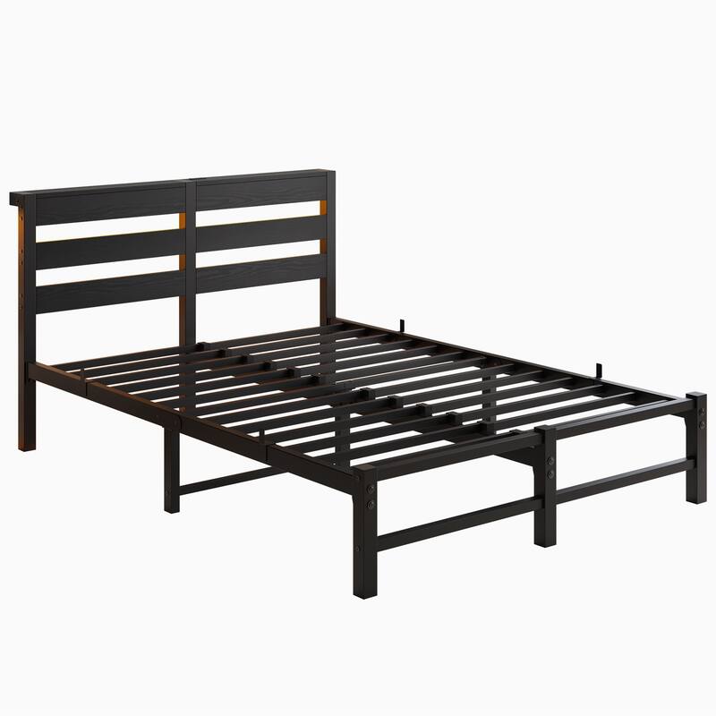 Metal Bed Frame Slats Platform Bed Open Frame with RGB LED Light and 2 USB Ports, Wooden Headboard, No Box Spring Needed