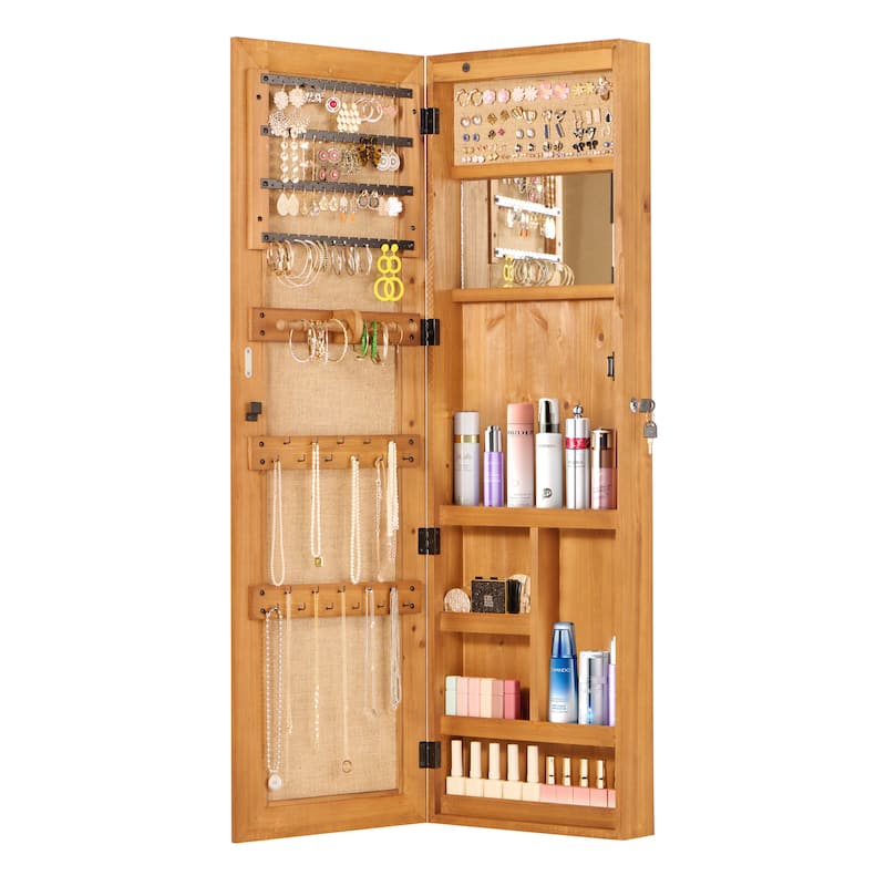 Solid Wood Jewelry Armoire Organizer Cabinet with Full-Length Mirror, 47.5x14.3 in Wall-Mounted Lockable with LED Light - Light Brown
