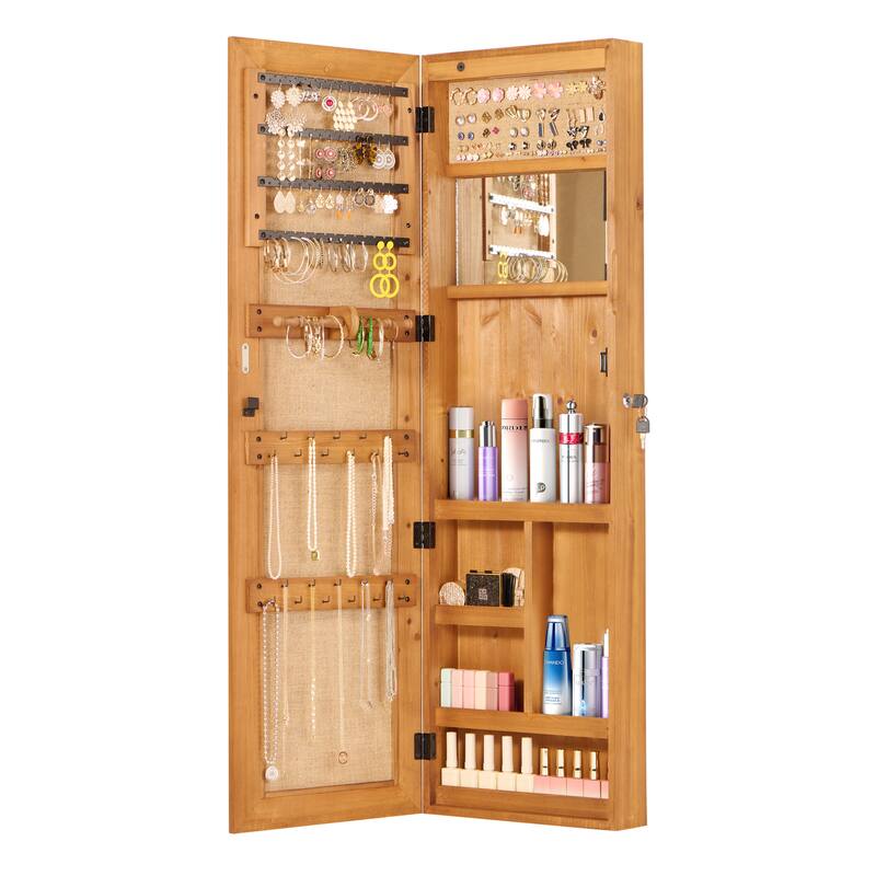 Wall-Mounted Solid Wood Jewelry Cabinet with Full-Length Mirror, 47.5x14.3 Inch, Lockable Organizer with LED Lighting‌. - Light Brown