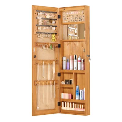 Wall-Mounted Solid Wood Jewelry Cabinet with Full-Length Mirror, 47.5x14.3 Inch, Lockable Organizer with LED Lighting‌.