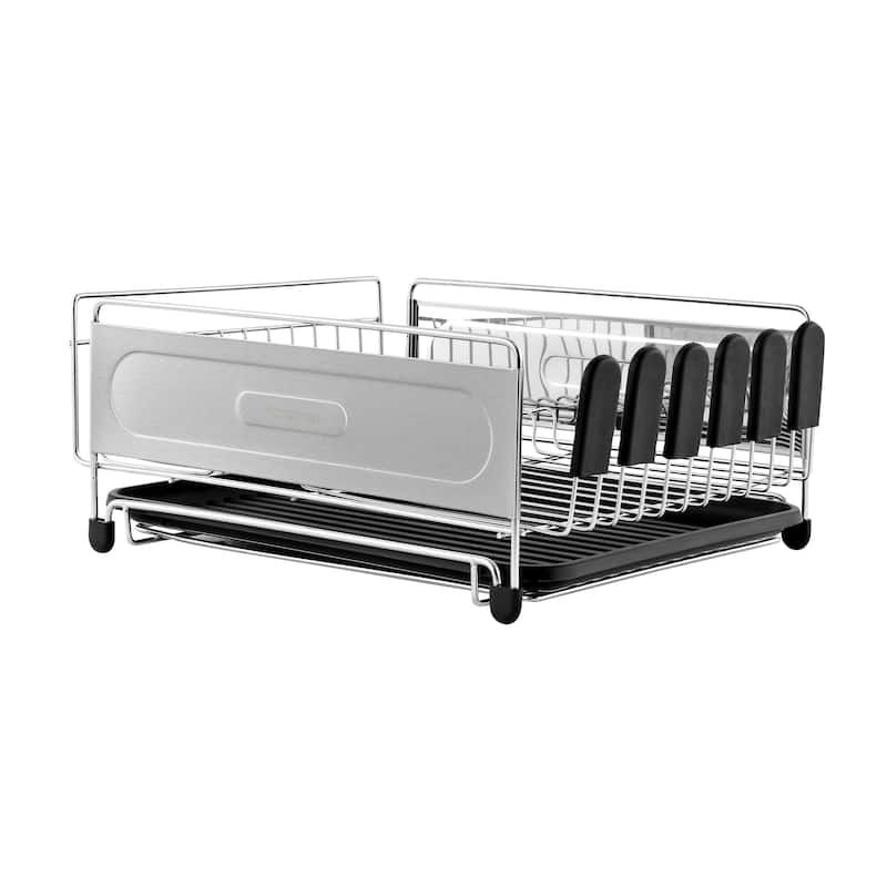 happimess Compact 17.25" Fingerprint-Proof Stainless Steel Dish Drying Rack With Wine Glass Holder, Stainless Steel/Black