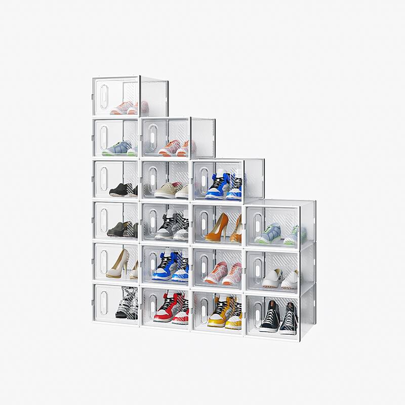 18-Pack Stackable Plastic White Modular Shoe Storage Boxes for Closet or Bedroom - 35 x 25 x 19 cm