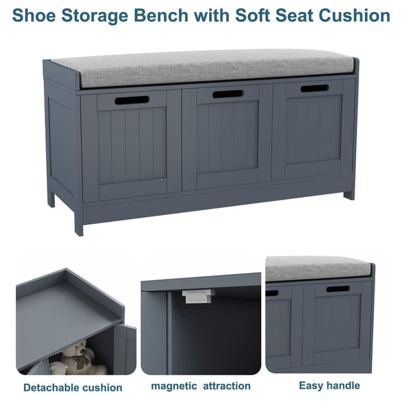 Wooden Shoe Bench with 3-Door Cabinets - 12.6"D x 35.3"W x 17.7"H