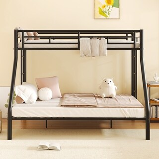 Twin XL over Queen Metal Bunk Bed with Ladder and Guardrails, Black
