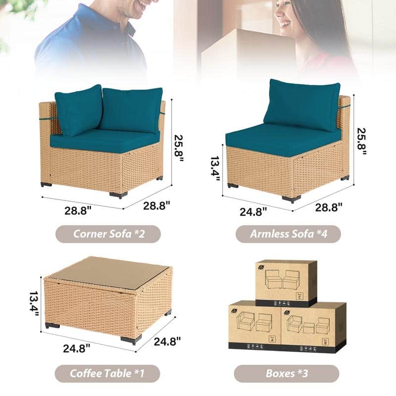 Patio Watcher 7-Piece Patio Yellow Wicker Sectional Seating Group with Cusions and Side Table