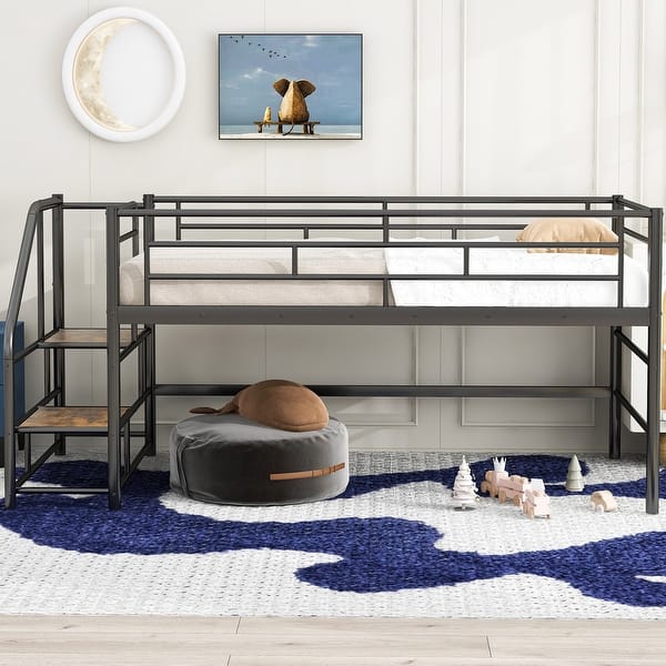 slide 2 of 34, Simple & Space-saving Design Mid Metal Loft Bed with Storage stairs, Twin Size Black