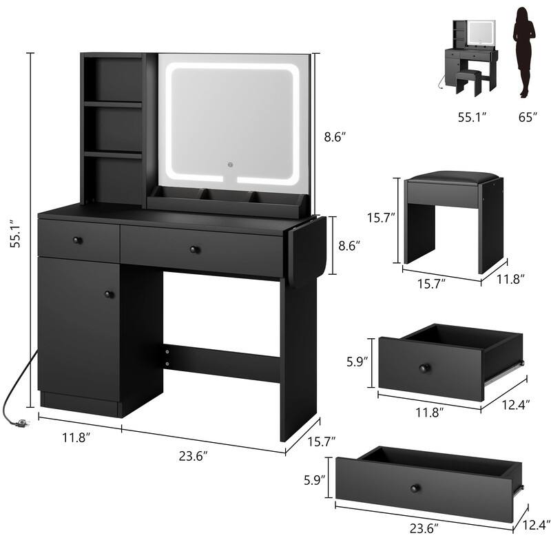 Vanity Desk with Mirror, Charging Station, Drawers, Shelves, Cabinet, Stool