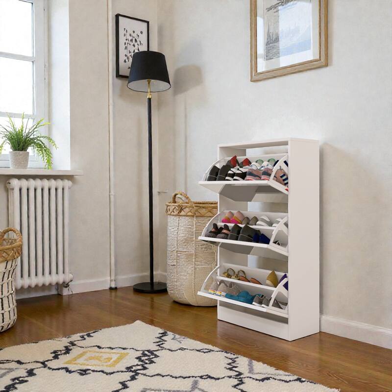 Narrow Mirrored Shoe Storage Cabinet, Slim 3-Tier Pull-Down Shoe Rack Organizer for Entryway, Hallway & Small Apartments