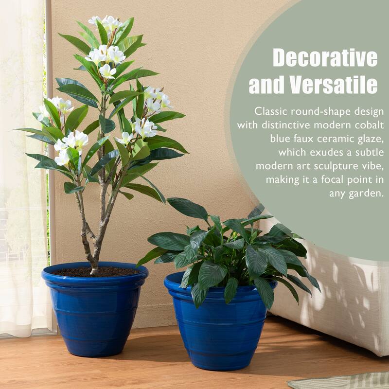 Glitzhome Set of 2 Round Cobalt Blue/Turquoise/Red Faux Ceramic Pot Plastic Planter