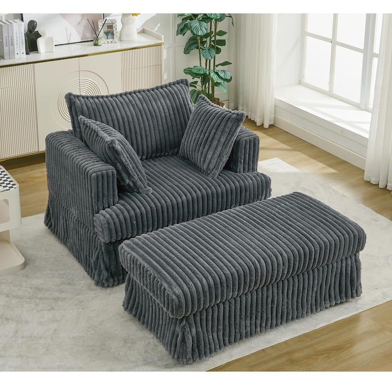 Deep Seat Sofa Chair & Ottoman Set, Corduroy Single Chaise Longue Reclining Couch with Thicked Upholstered, Pillows and Skirted