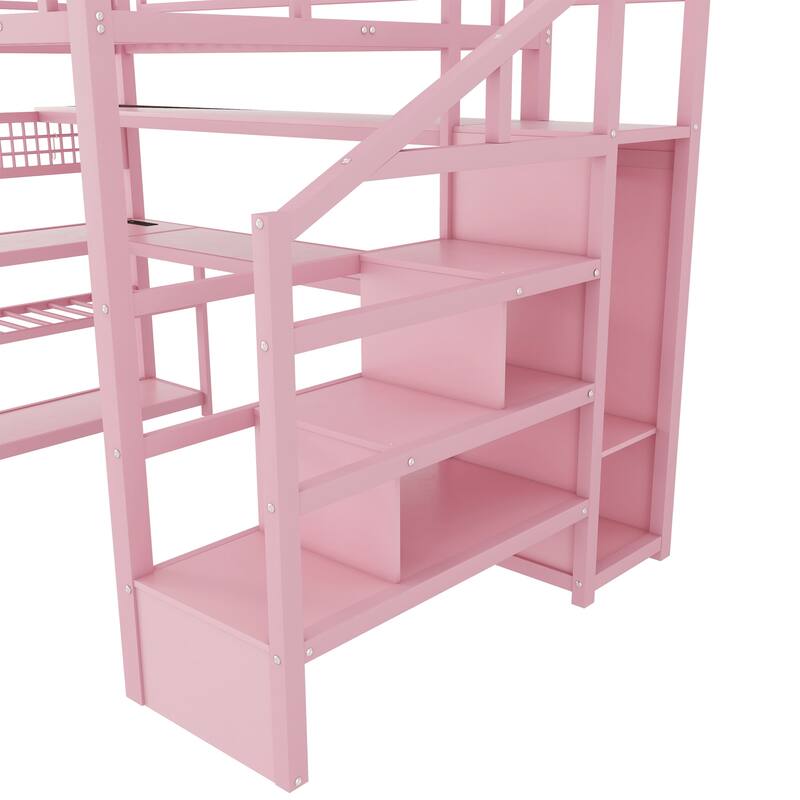 Roomfitters Full Metal Loft Bed, L-Shaped Desk and LED Staircase Wardrobe with Charging Station for Girls Bedroom