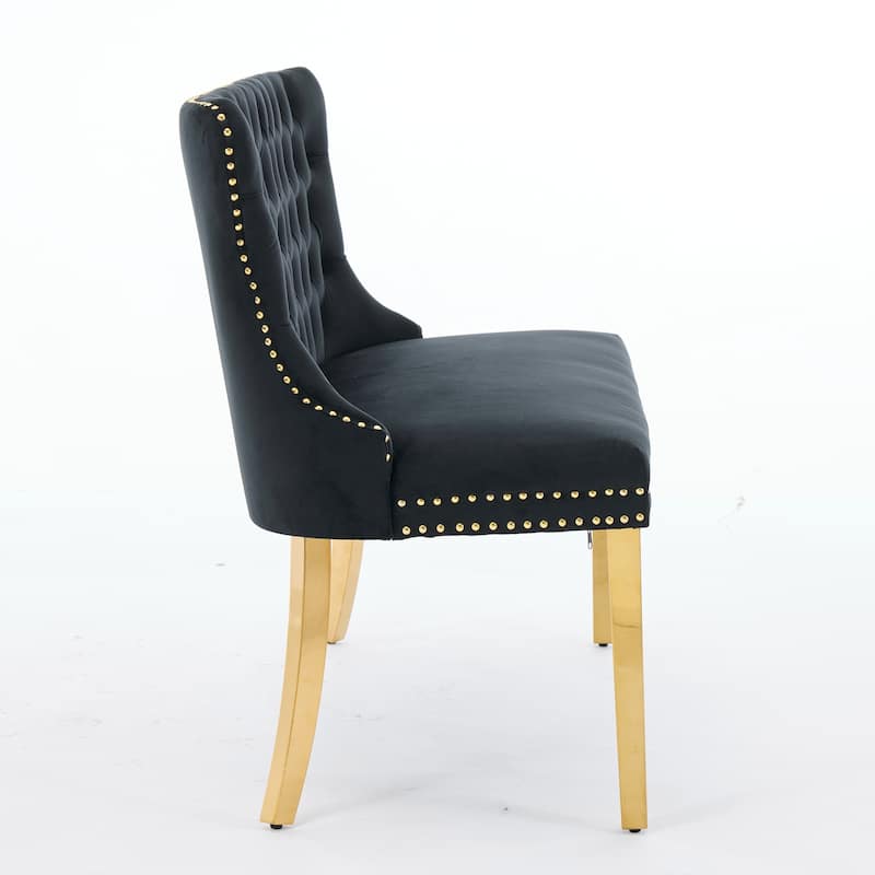 Velvet Double Dining Loveseat Bench, 2-Seat Tufted Bench w/Handmade Buttons, Wing Back, Gold-Plated Steel Legs, Single Pack