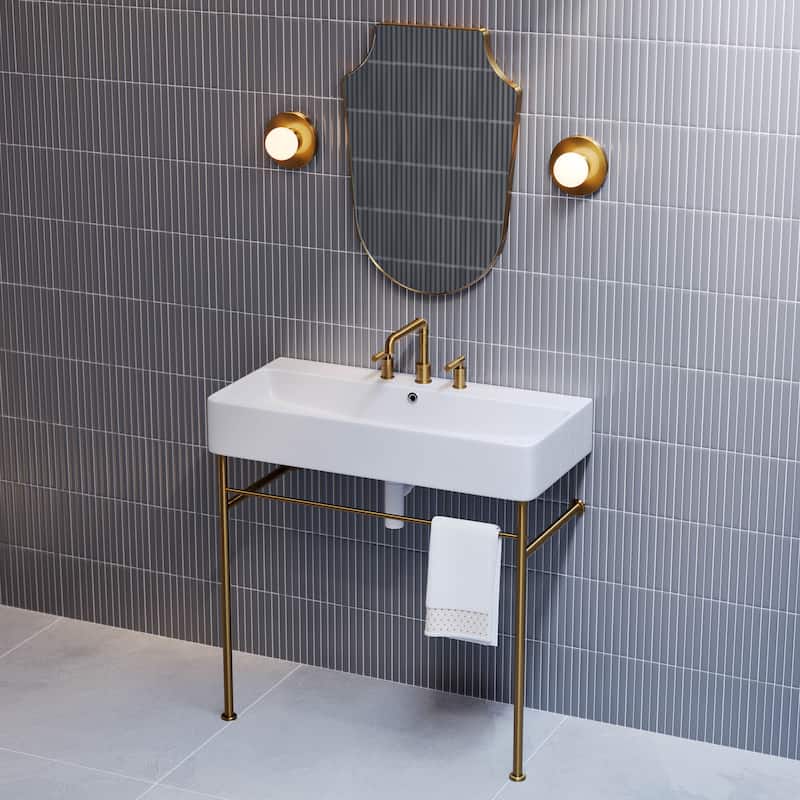 Carre 36" Console Sink White Basin Brushed Gold Legs With 8" Widespread Holes - 35" x 16" x 34.7"