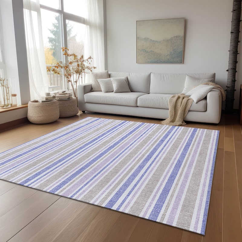 Machine Washable Indoor/ Outdoor Thin Cabana Stripe Chantille Rug