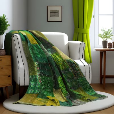 HomeRoots 50" X 70" Green Patchwork Silk Quilted Kantha Throw Blanket with Embroidery