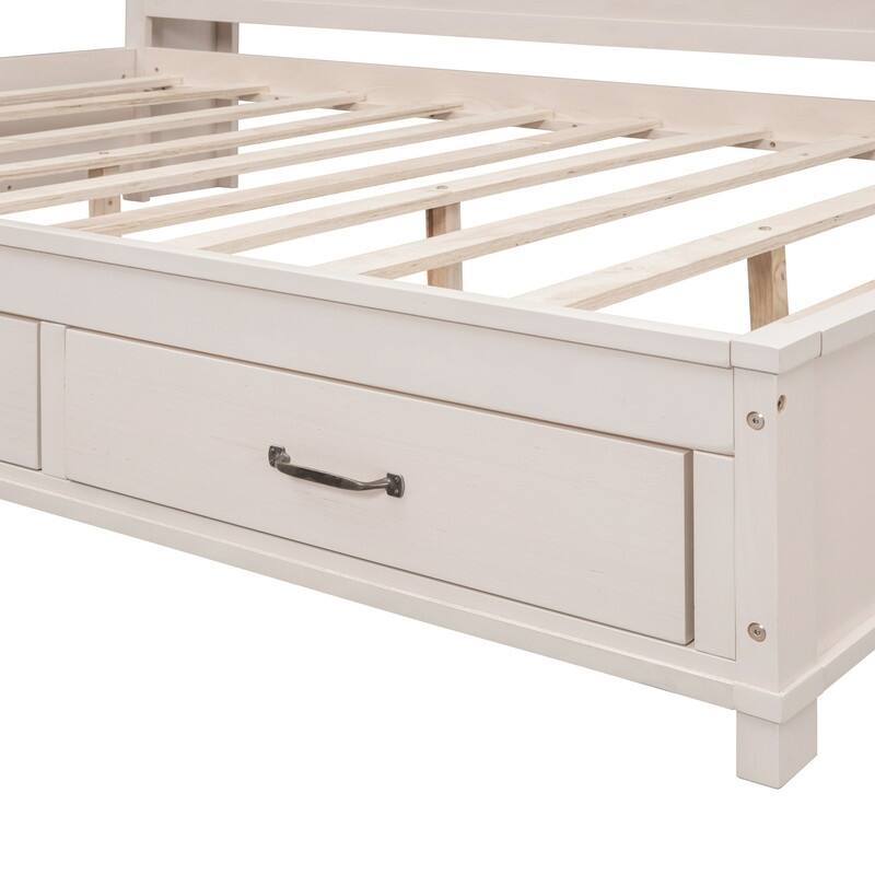 Full Size Wooden Daybed with 3 Storage Drawers, Upper Soft Board, shelf, and a set of Sockets and USB Ports