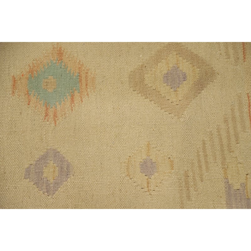 Hand Woven Oriental 100% Wool Carpet Southwestern Tribal Beige & Ivories Kilim Runner Rug - 9' 10'' X 2' 10''