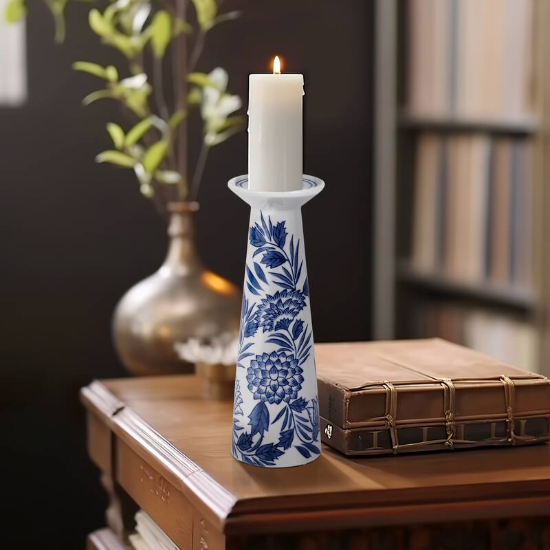 Sagebrook Home's Elegant Porcelain Candle Holder - Toile Blue - 4" x 4" x 12"