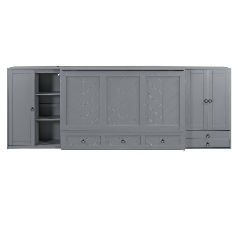 Queen Size Solid Wood Murphy Bed with Charging Station, Built-In Wardrobes, Drawers, and Foldable Cabinet Design