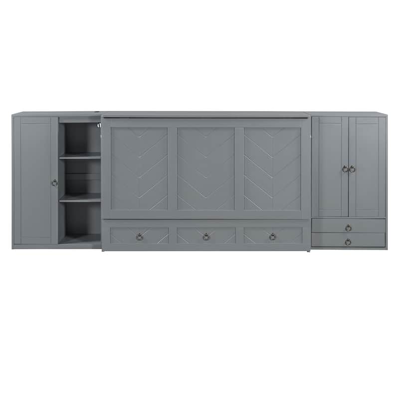 Queen Size Wood Hidden Murphy Bed with Storage Wardrobes and Drawer, Foldable Wall Bed with USB Charging Station & Dual Cabinet聽