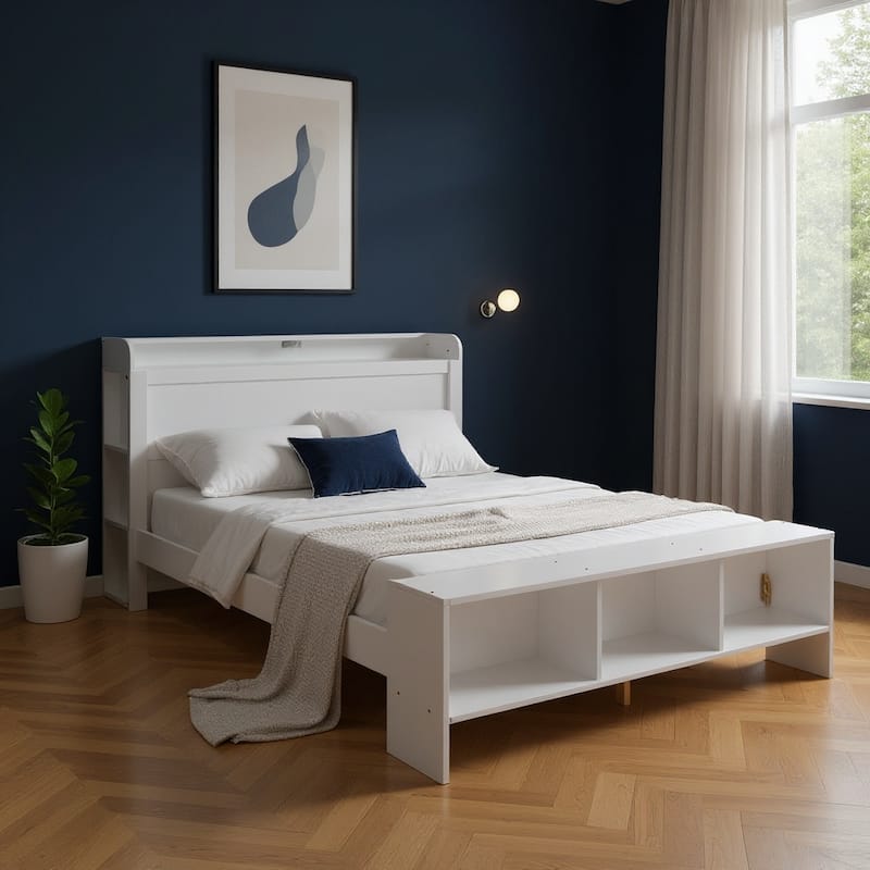 HomeRoots White Wood Full Bed Frame With LED Lighting And USB - Full