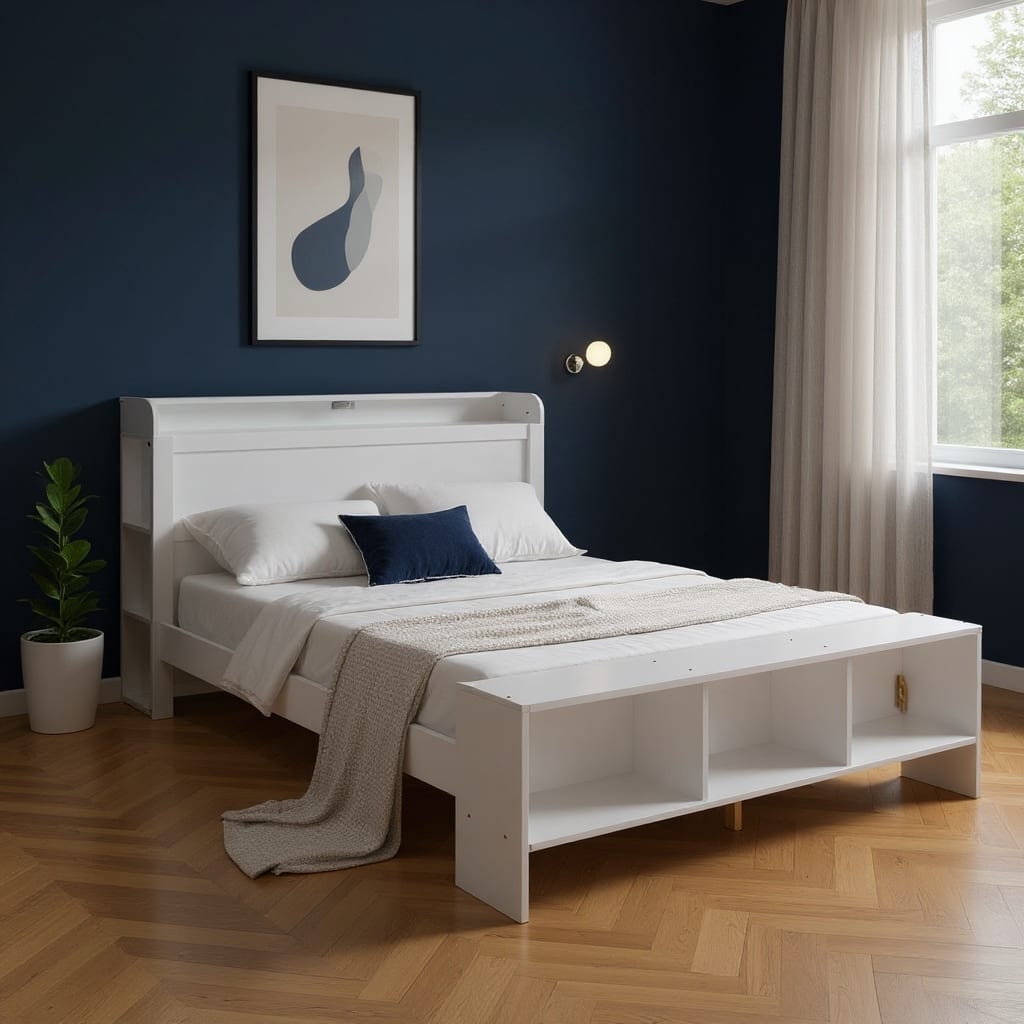 HomeRoots White Wood Full Bed Frame With LED Lighting And USB