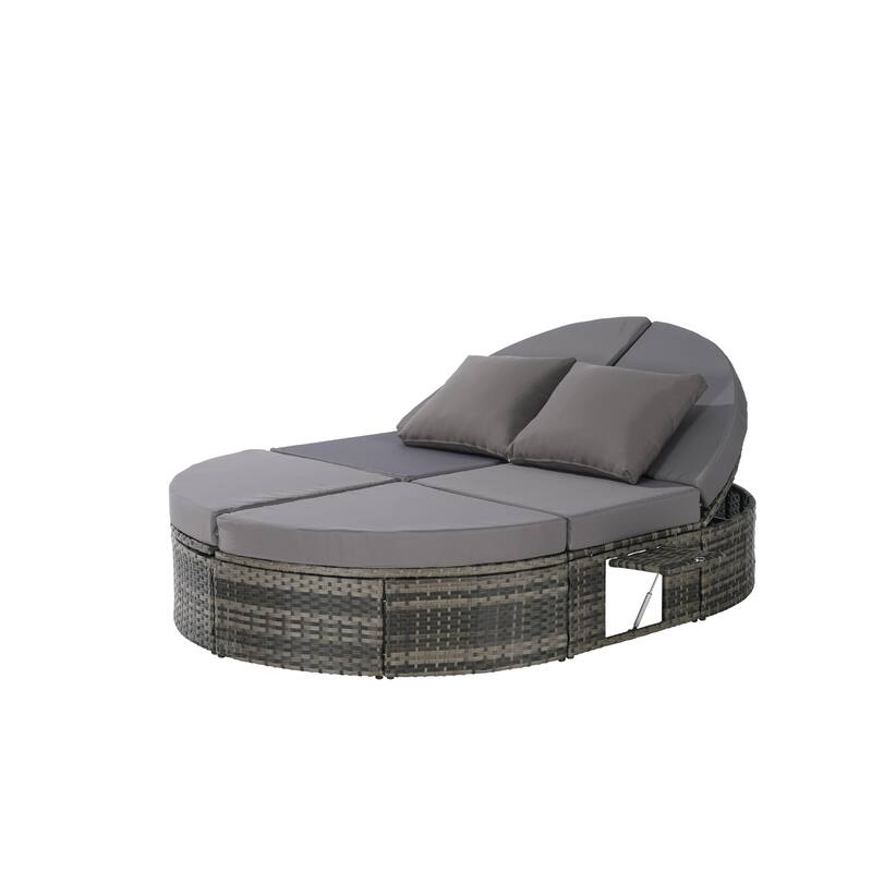 Outdoor Patio Rattan Round Daybed Sunbed with Adjustable Backrests and Foldable Cup Trays