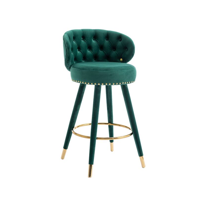 Set of 2 Counter Height Velvet Bar Stools with Solid Wood Legs